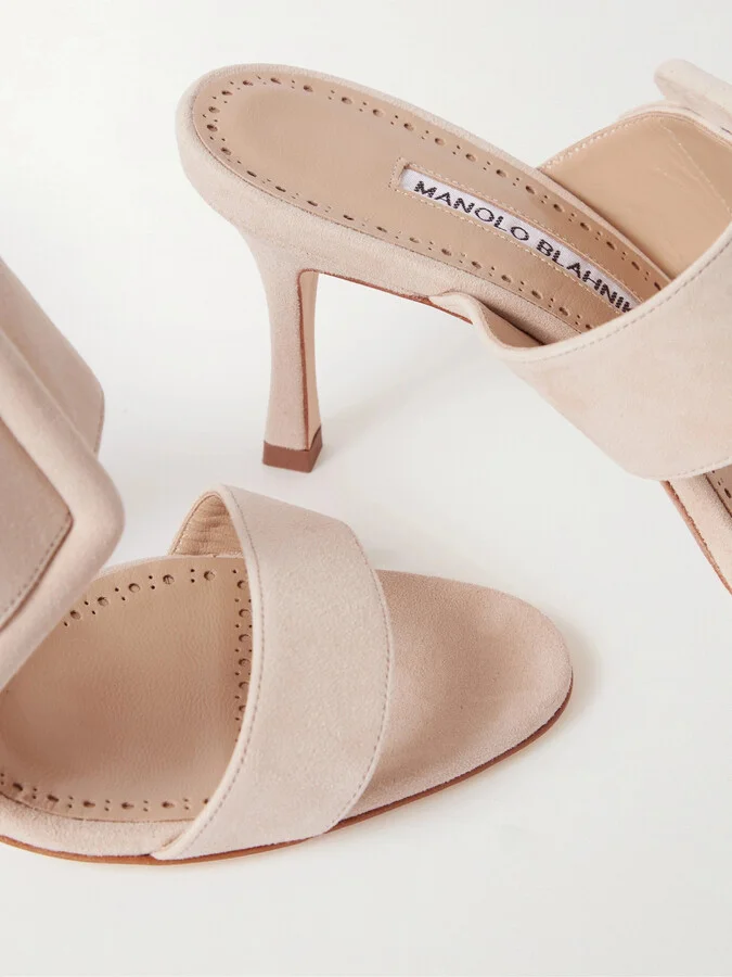 Manolo Blahnik - Gable 70 Buckled Suede Mules - Neutrals - Image 4