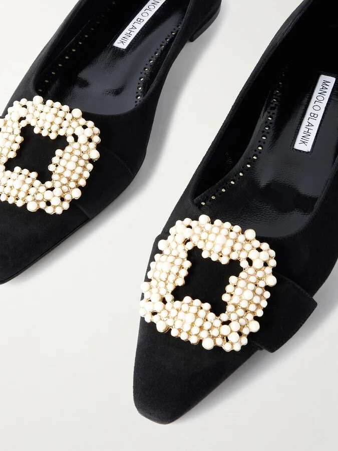 Manolo Blahnik - Gibfla Embellished Suede Ballet Flats - Black - Image 4