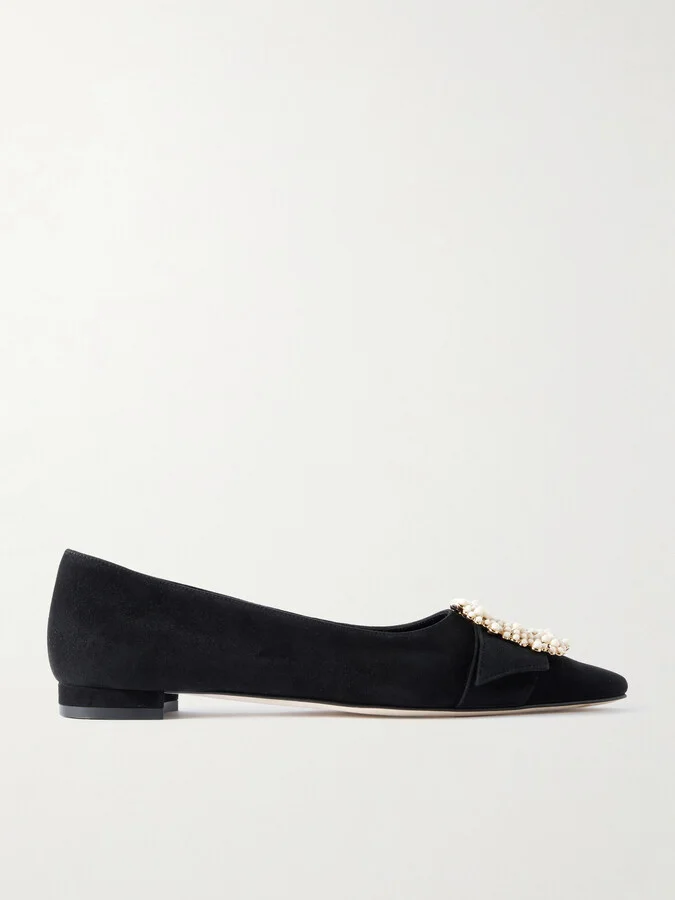 Manolo Blahnik - Gibfla Embellished Suede Ballet Flats - Black
