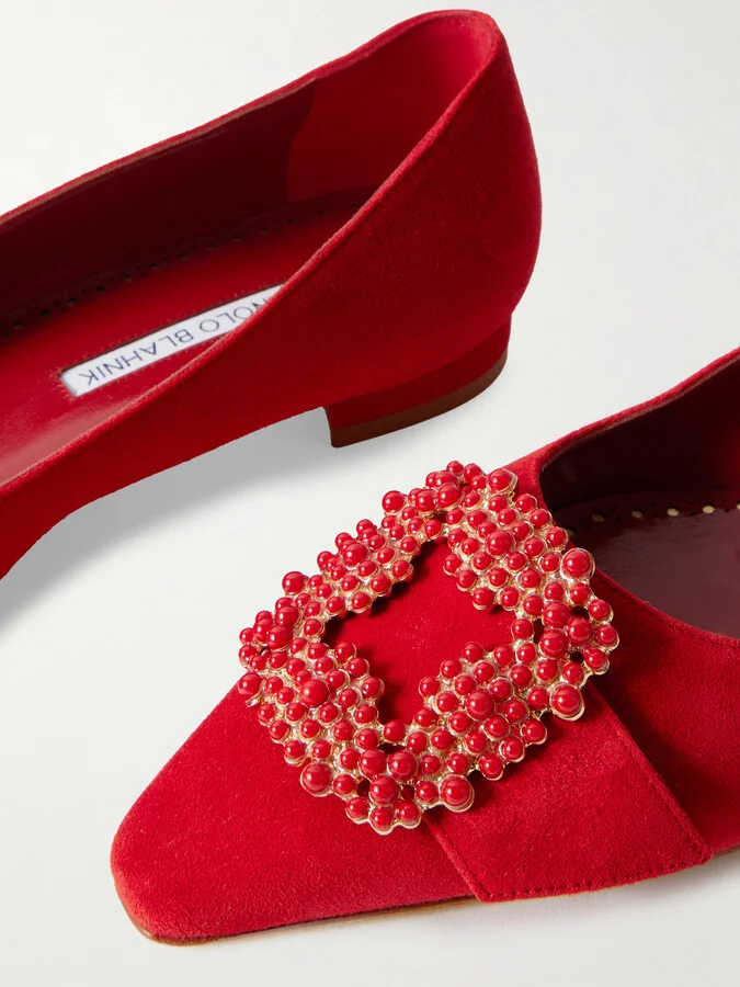 Manolo Blahnik - Gibfla Embellished Suede Ballet Flats - Red - Image 4