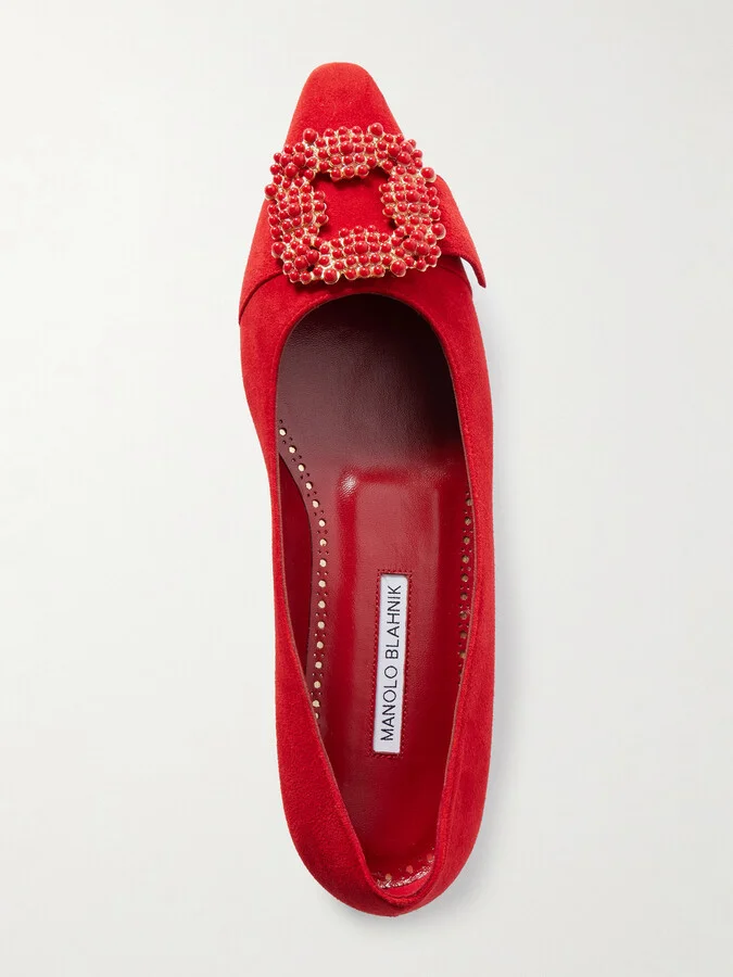 Manolo Blahnik - Gibfla Embellished Suede Ballet Flats - Red - Image 5