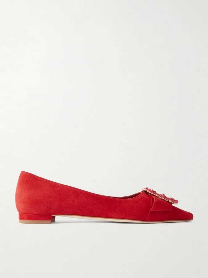 Manolo Blahnik - Gibfla Embellished Suede Ballet Flats - Red
