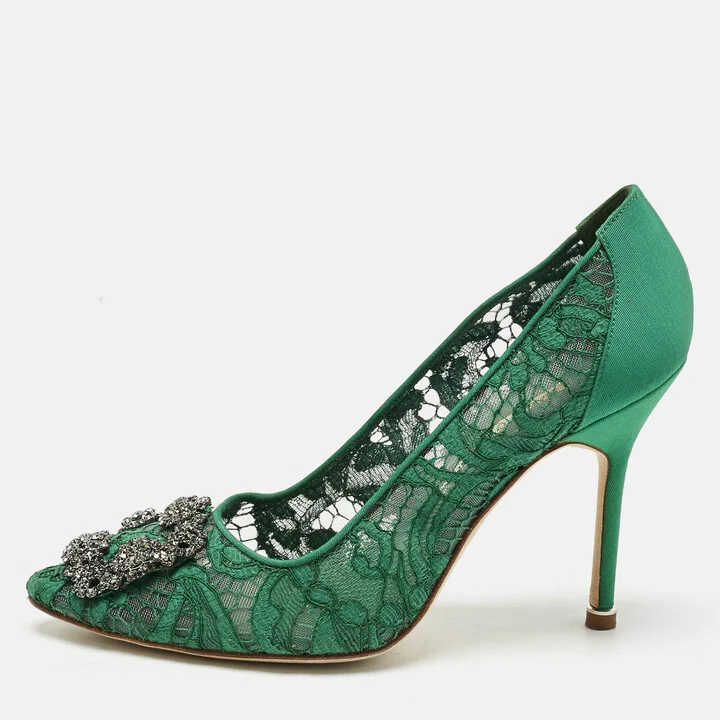 Manolo Blahnik Green Lace and Mesh Hangisi Pumps Size 37.5
