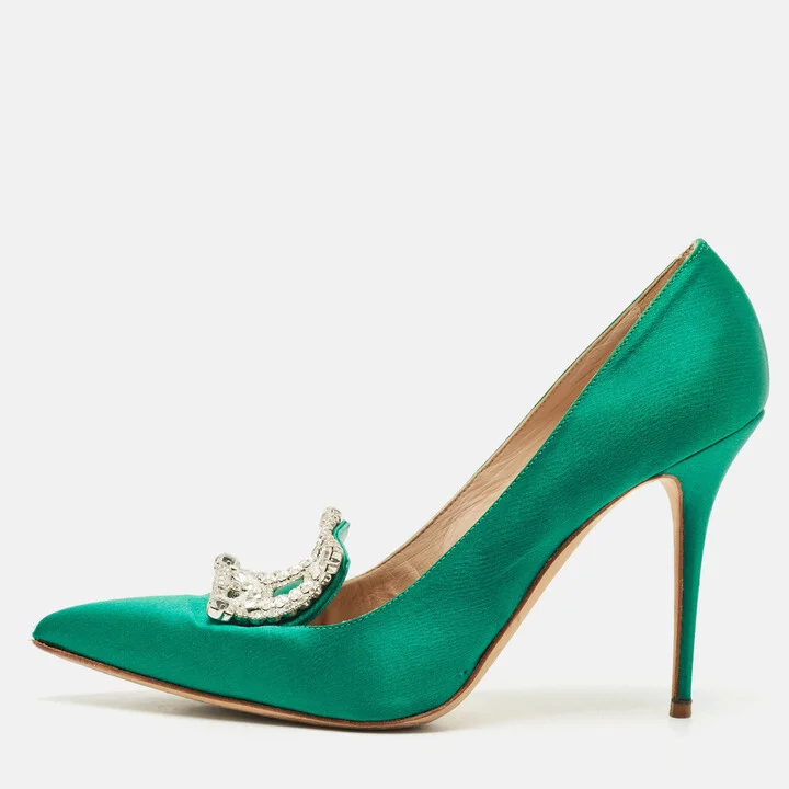 Manolo Blahnik Green Satin Crystal Embellished Borlak Pumps Size 39.5