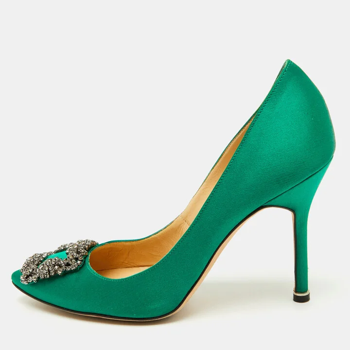 Manolo Blahnik Green Satin Hangisi Crystal Embellished Pumps Size 37.5