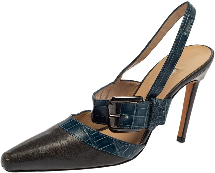 Manolo Blahnik Grey/Blue Croc Embossed And Leather Slingback Sandals Size 37