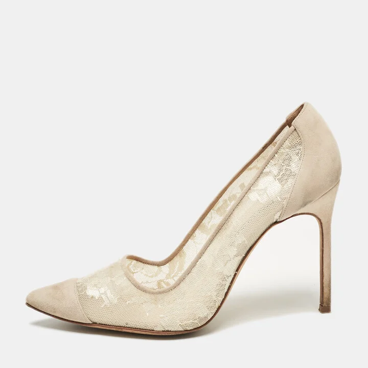 Manolo Blahnik Grey Mesh and Suede Salola Pumps Size 38.5