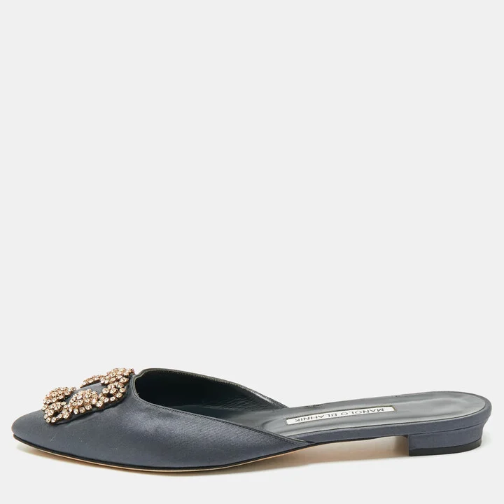 Manolo Blahnik Grey Satin Hangisi Flat Mules Size 39