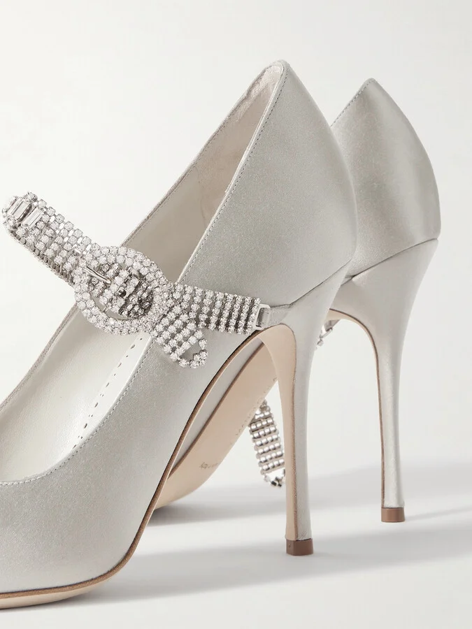 Manolo Blahnik - Hamedi 105 Crystal-embellished Satin Point-toe Pumps - Gray - Image 4