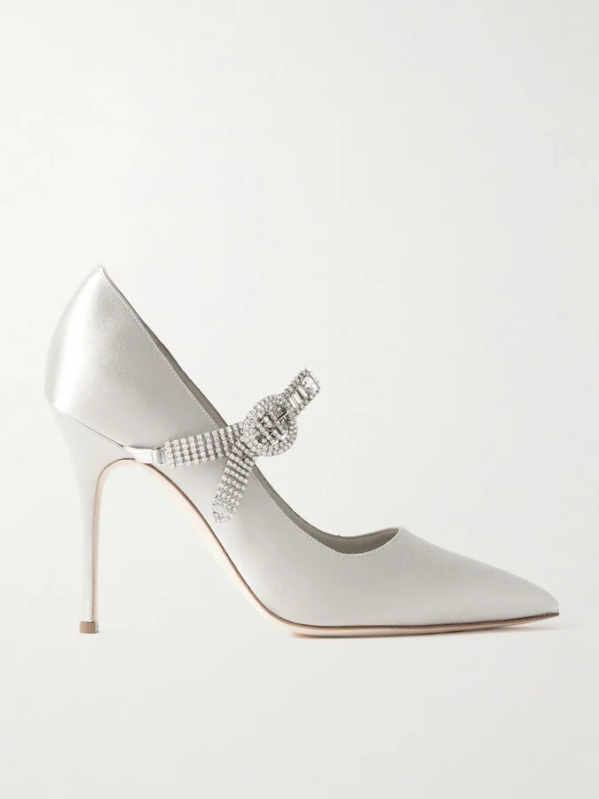 Manolo Blahnik - Hamedi 105 Crystal-embellished Satin Point-toe Pumps - Gray