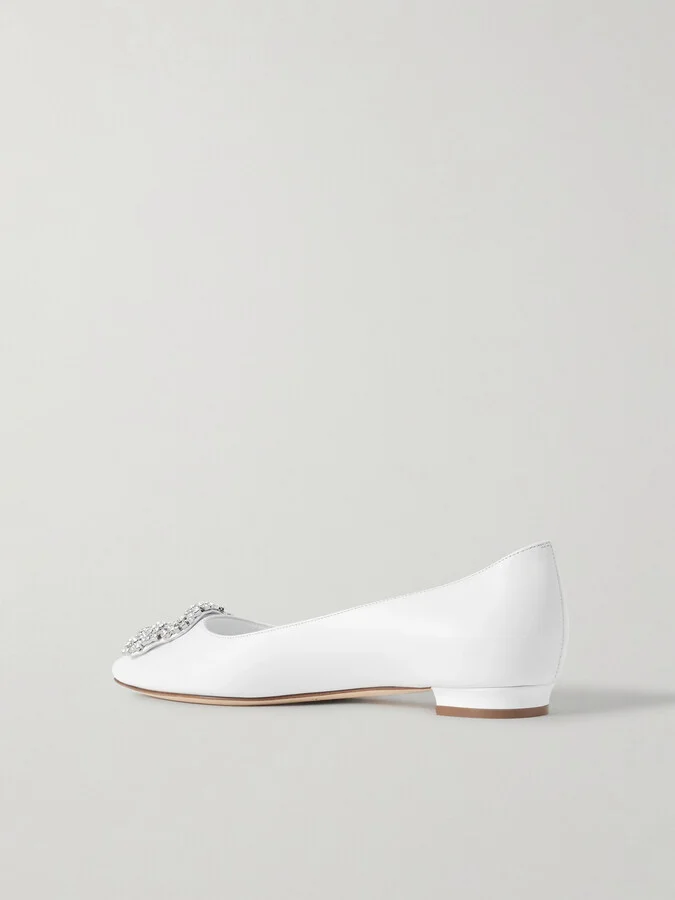 Manolo Blahnik - Hangisi 10 Crystal-embellished Leather Point-toe Flats - White - Image 3