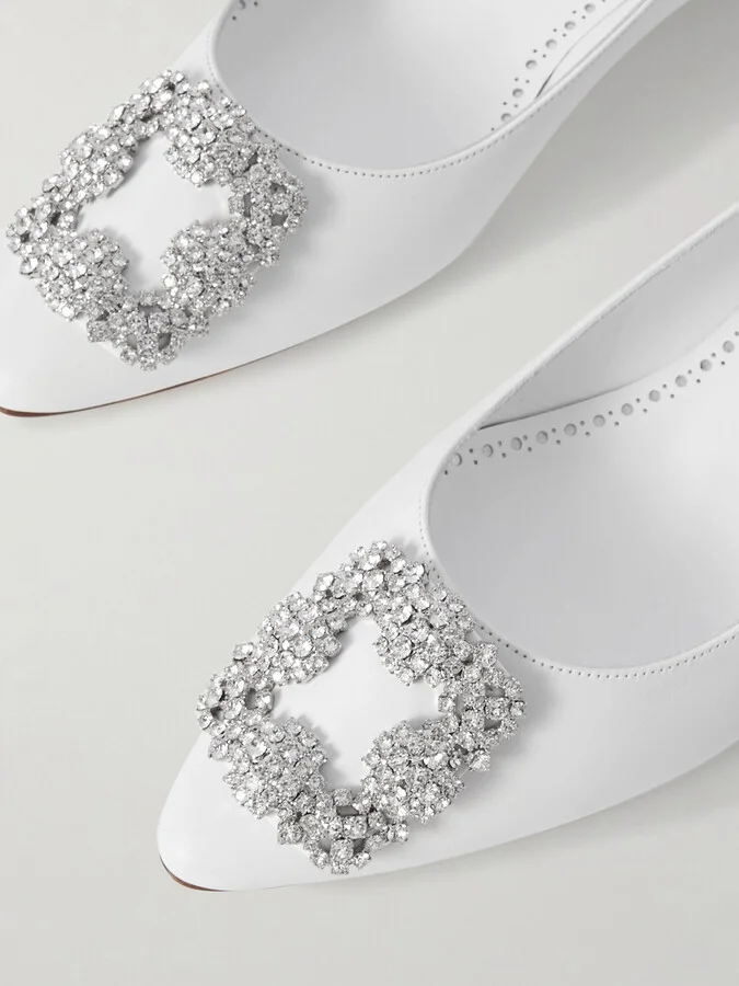 Manolo Blahnik - Hangisi 10 Crystal-embellished Leather Point-toe Flats - White - Image 4