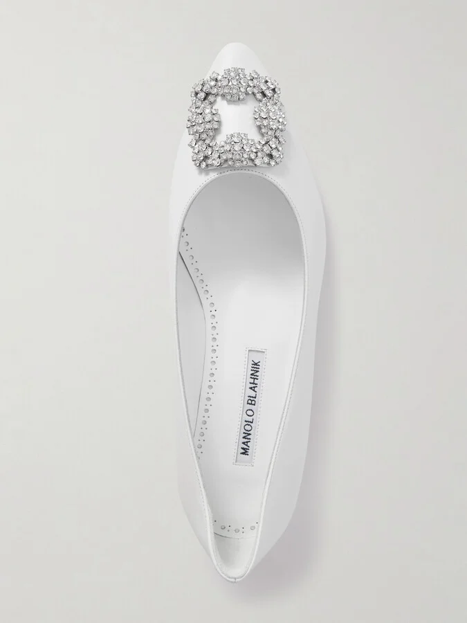 Manolo Blahnik - Hangisi 10 Crystal-embellished Leather Point-toe Flats - White - Image 5