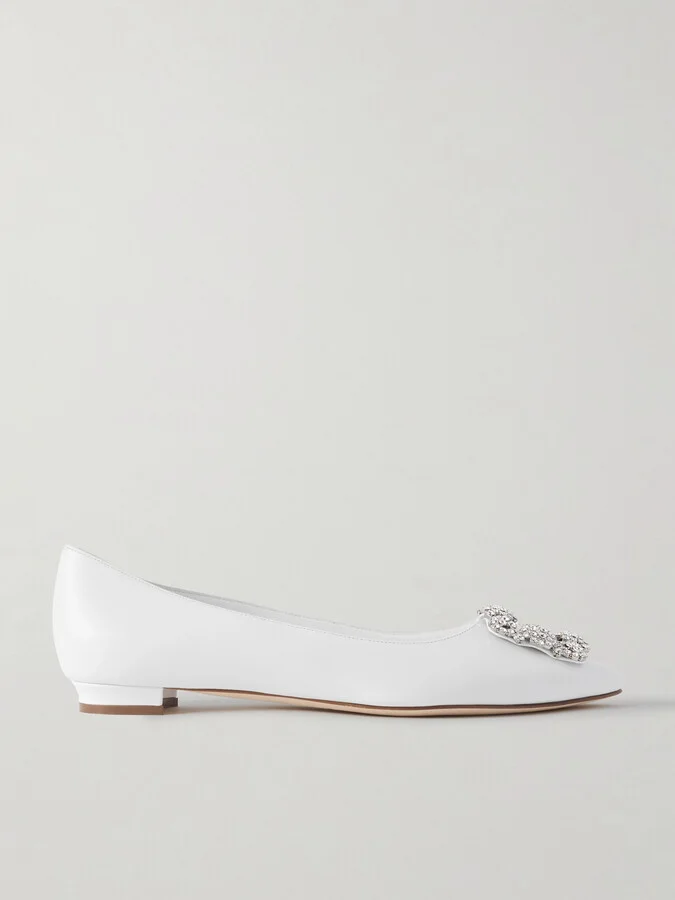 Manolo Blahnik - Hangisi 10 Crystal-embellished Leather Point-toe Flats - White