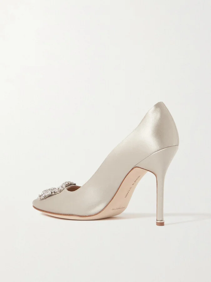 Manolo Blahnik - Hangisi 105 Crystal-embellished Satin Pumps - Gray - Image 3