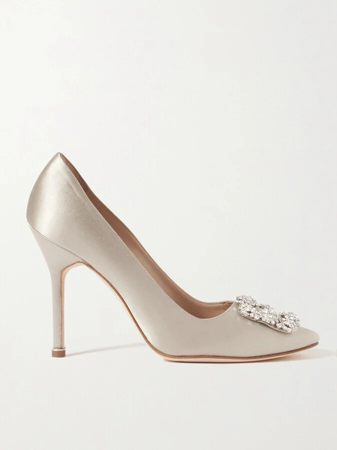 Manolo Blahnik - Hangisi 105 Crystal-embellished Satin Pumps - Gray