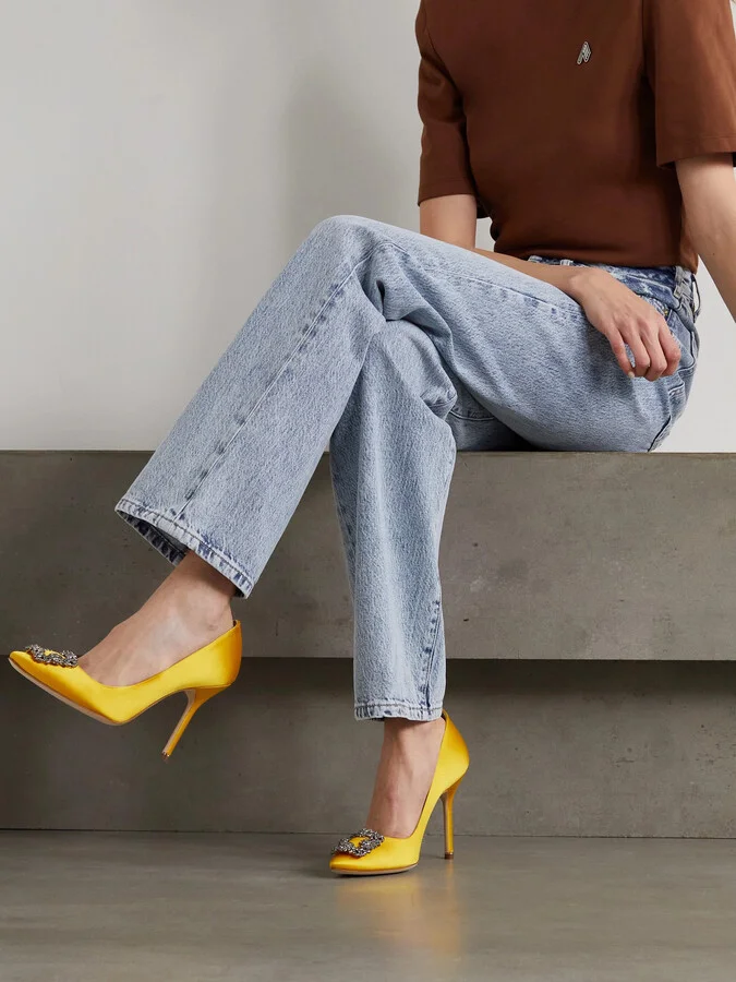 Manolo Blahnik - Hangisi 105 Crystal-embellished Satin Pumps - Yellow - Image 2