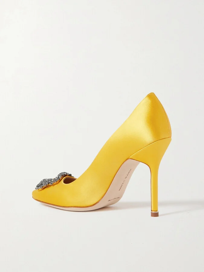 Manolo Blahnik - Hangisi 105 Crystal-embellished Satin Pumps - Yellow - Image 3