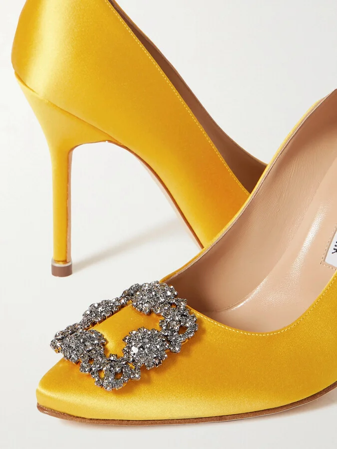 Manolo Blahnik - Hangisi 105 Crystal-embellished Satin Pumps - Yellow - Image 4