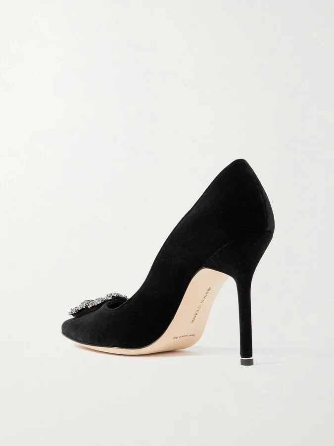 Manolo Blahnik - Hangisi 105 Crystal-embellished Velvet Pumps - Black - Image 3