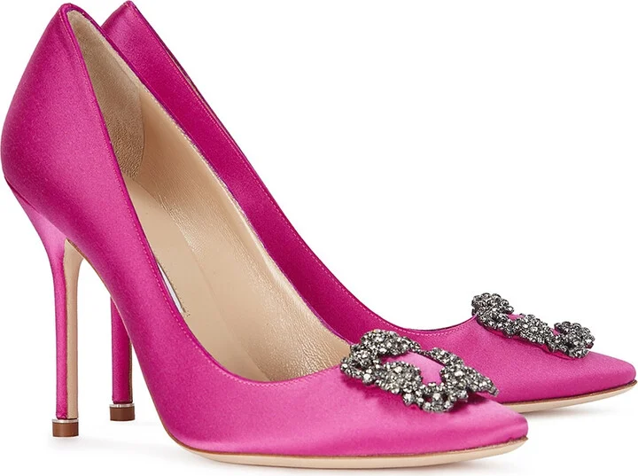 Manolo Blahnik Hangisi 105 Fuchsia Silk Satin Pumps - Image 2