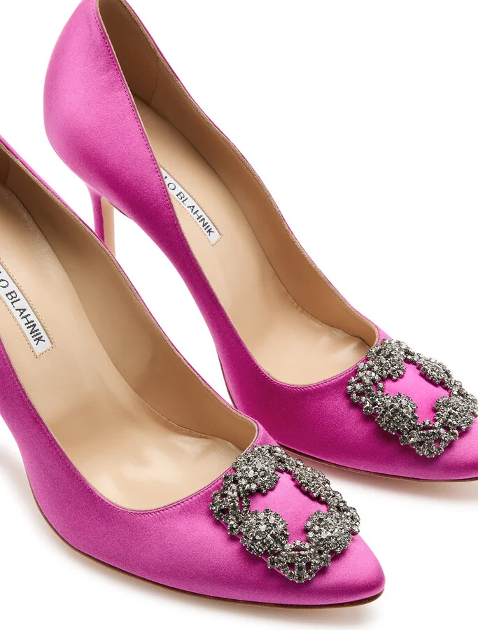 Manolo Blahnik Hangisi 105 Fuchsia Silk Satin Pumps - Image 8