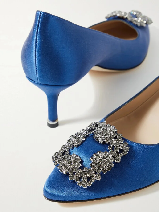 Manolo Blahnik - Hangisi 50 Crystal-embellished Satin Pumps - Blue - Image 4