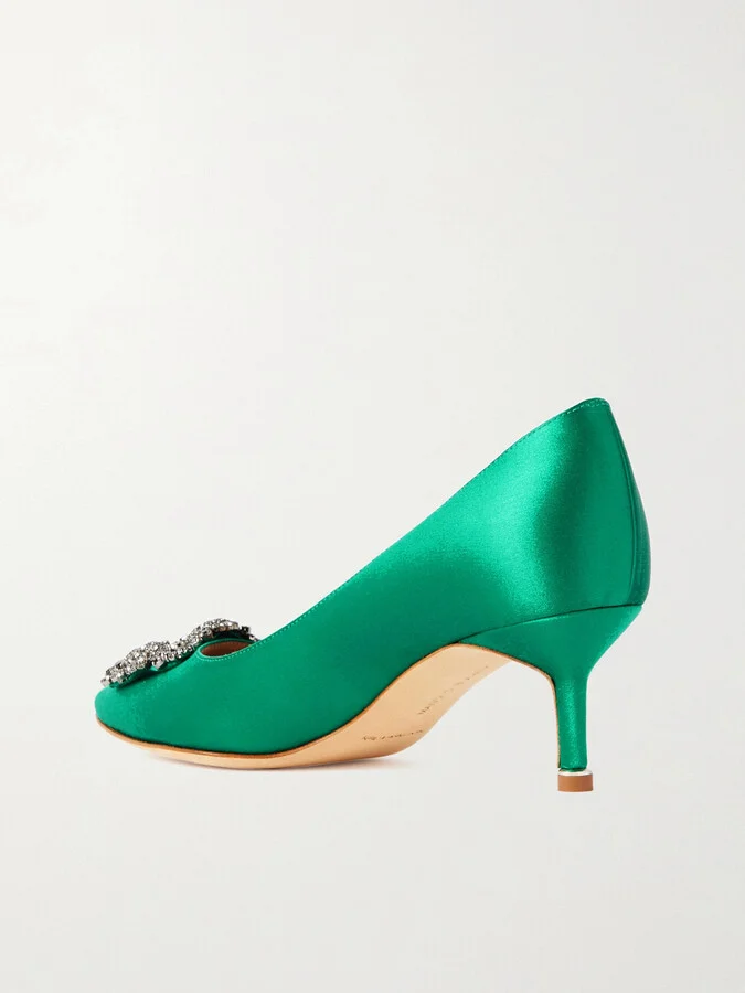 Manolo Blahnik - Hangisi 50 Crystal-embellished Satin Pumps - Green - Image 3