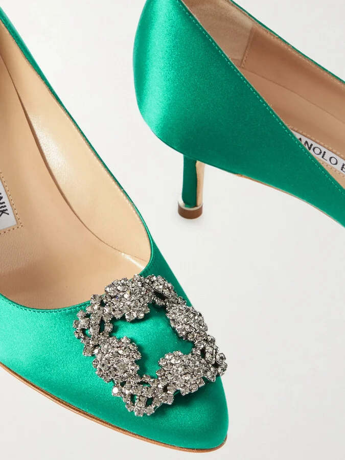 Manolo Blahnik - Hangisi 50 Crystal-embellished Satin Pumps - Green - Image 4