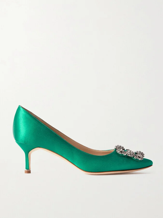 Manolo Blahnik - Hangisi 50 Crystal-embellished Satin Pumps - Green
