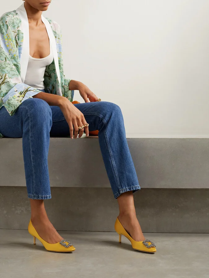 Manolo Blahnik - Hangisi 50 Crystal-embellished Satin Pumps - Yellow - Image 2