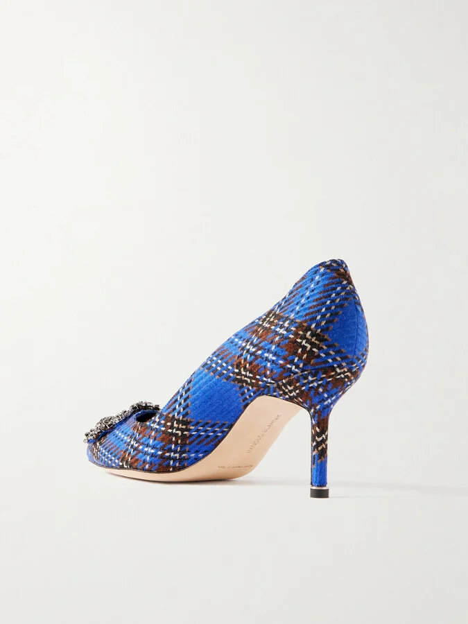 Manolo Blahnik - Hangisi 70 Crystal-embellished Checked Wool Pumps - Blue - Image 3