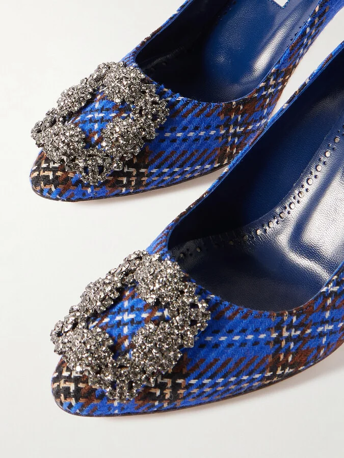 Manolo Blahnik - Hangisi 70 Crystal-embellished Checked Wool Pumps - Blue - Image 4