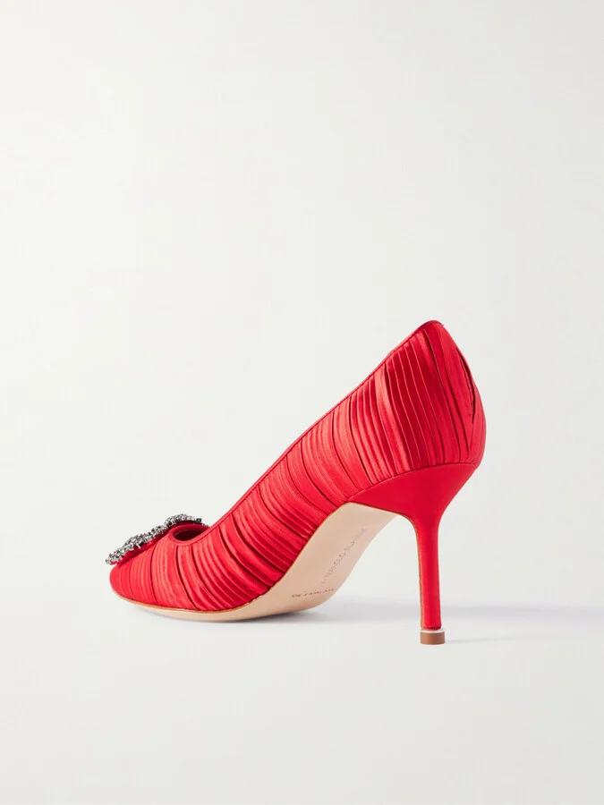 Manolo Blahnik - Hangisi 70 Crystal-embellished Pleated Satin Pumps - Red - Image 3
