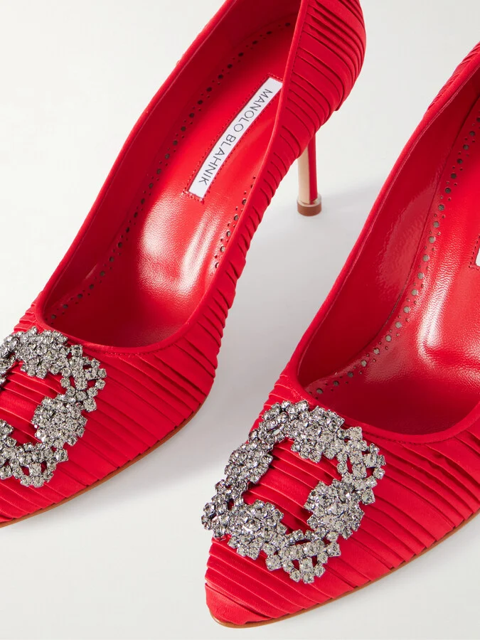 Manolo Blahnik - Hangisi 70 Crystal-embellished Pleated Satin Pumps - Red - Image 4
