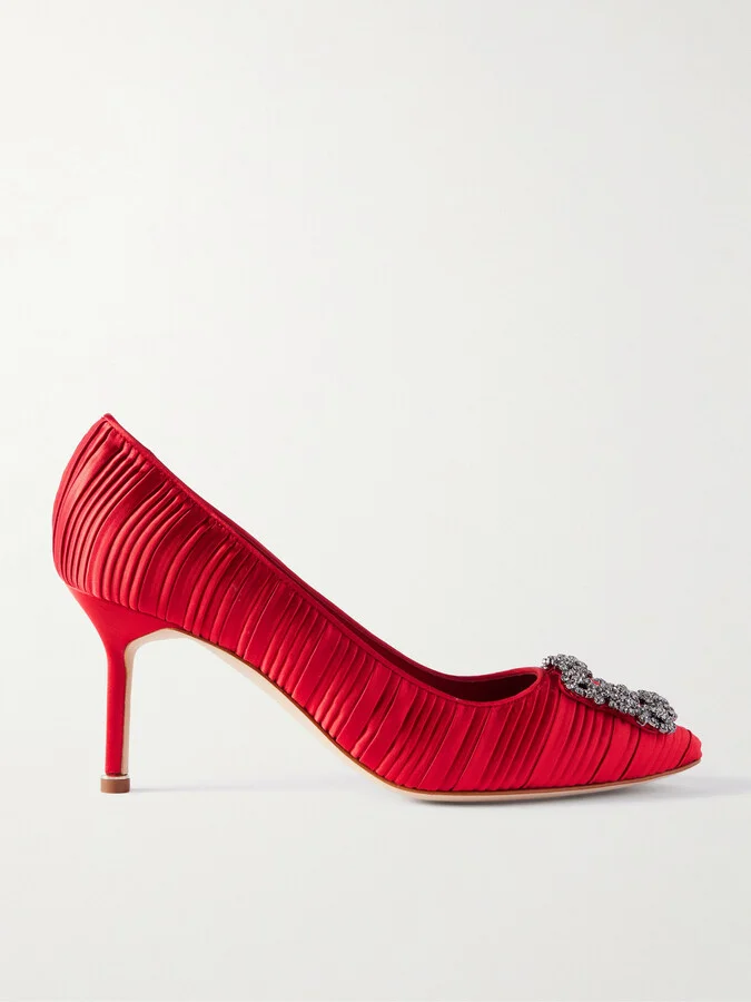 Manolo Blahnik - Hangisi 70 Crystal-embellished Pleated Satin Pumps - Red