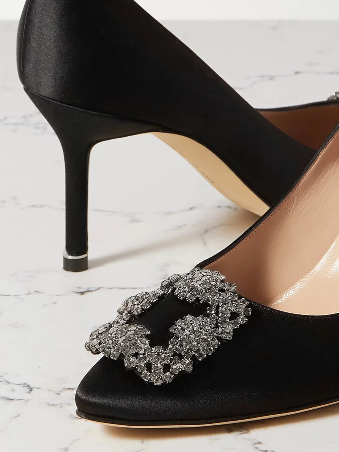 Manolo Blahnik - Hangisi 70 Crystal-embellished Satin Pumps - Black - Image 4