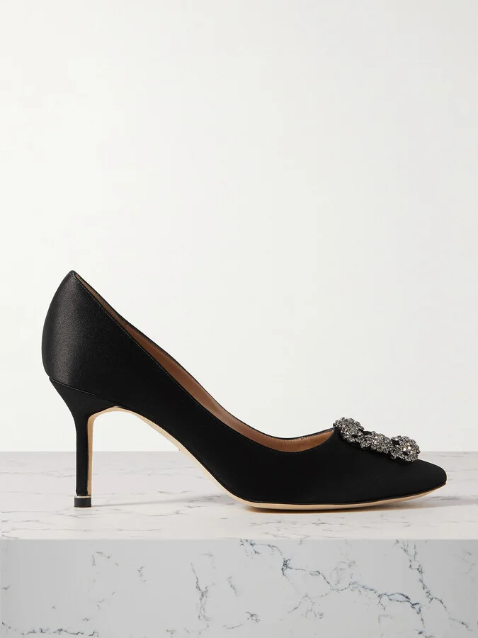 Manolo Blahnik - Hangisi 70 Crystal-embellished Satin Pumps - Black
