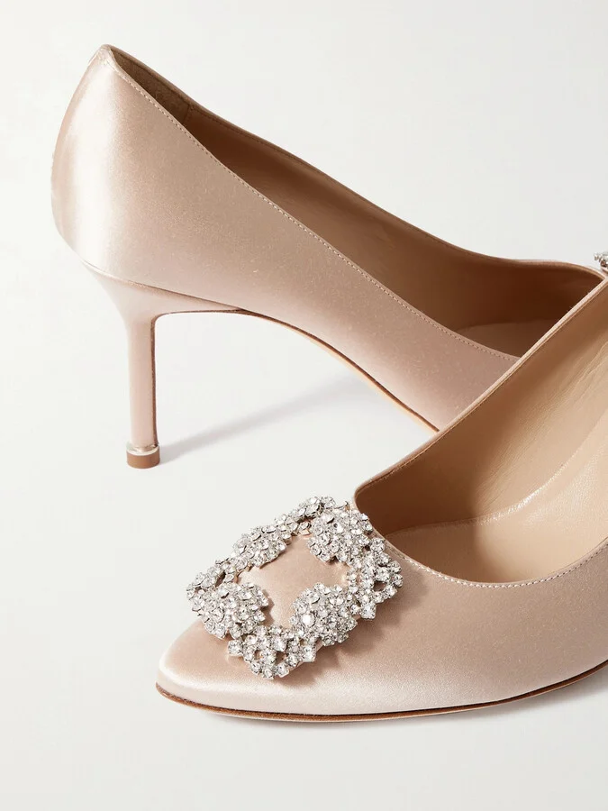 Manolo Blahnik - Hangisi 70 Crystal-embellished Satin Pumps - Neutrals - Image 4