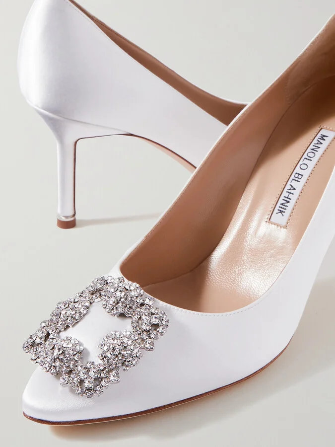 Manolo Blahnik - Hangisi 70 Crystal-embellished Satin Pumps - White - Image 4