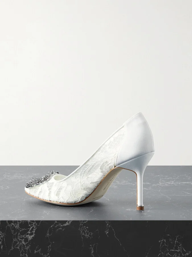 Manolo Blahnik - Hangisi 90 Crystal-embellished Corded Lace Pumps - White - Image 3