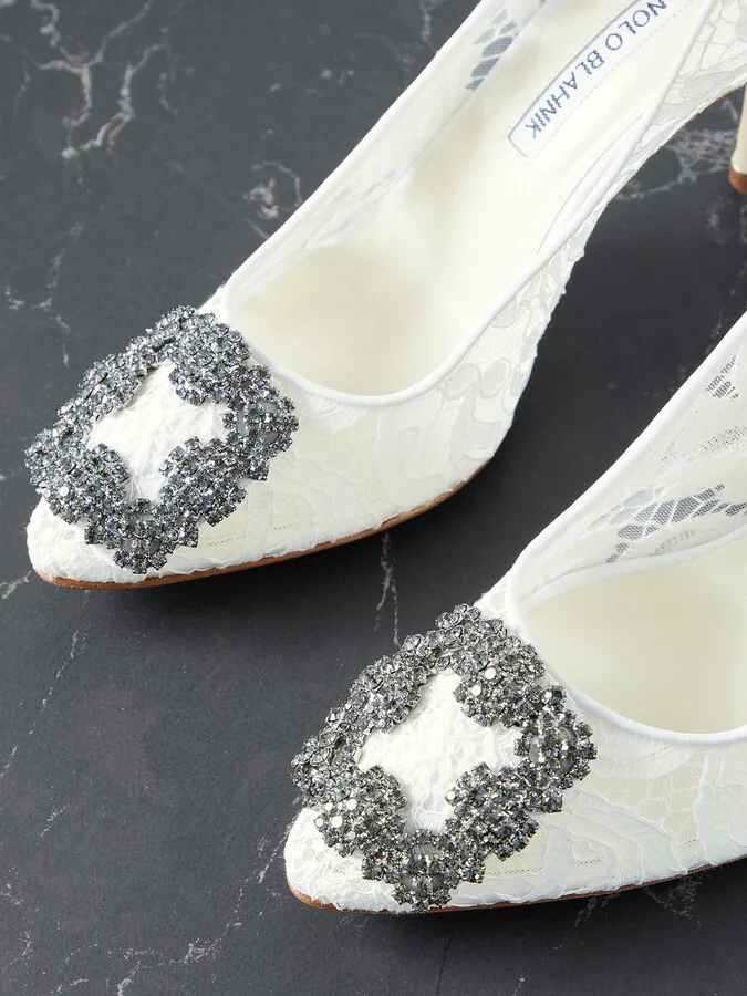 Manolo Blahnik - Hangisi 90 Crystal-embellished Corded Lace Pumps - White - Image 4