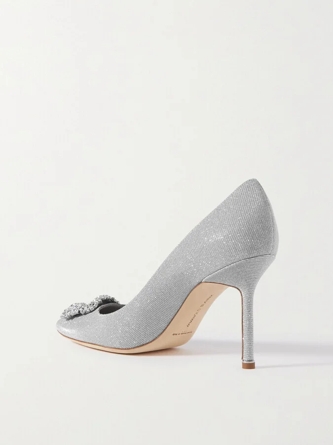 Manolo Blahnik - Hangisi 90 Crystal-embellished Glittered Satin Pumps - Silver - Image 3