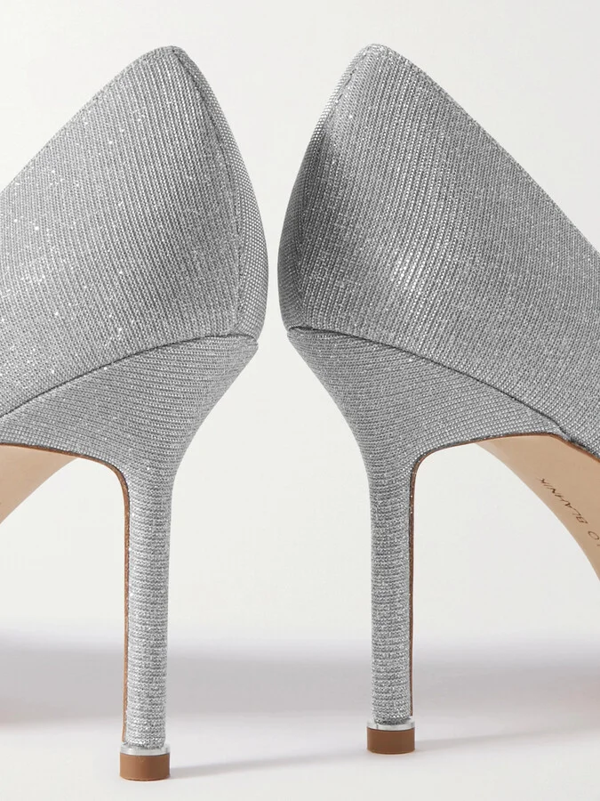 Manolo Blahnik - Hangisi 90 Crystal-embellished Glittered Satin Pumps - Silver - Image 4