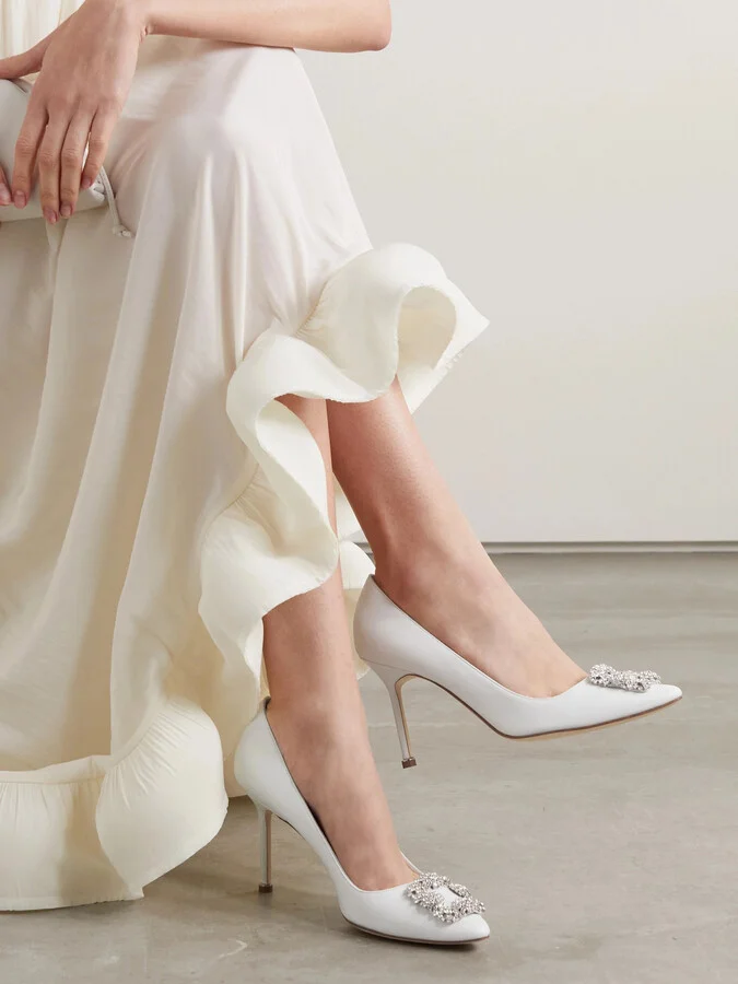 Manolo Blahnik - Hangisi 90 Crystal-embellished Leather Pumps - White - Image 2