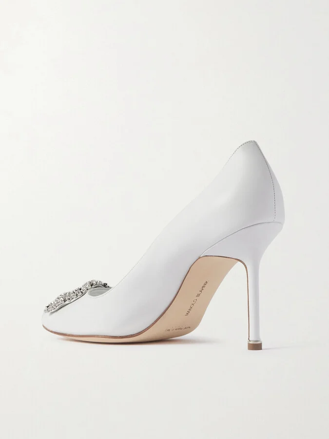 Manolo Blahnik - Hangisi 90 Crystal-embellished Leather Pumps - White - Image 3