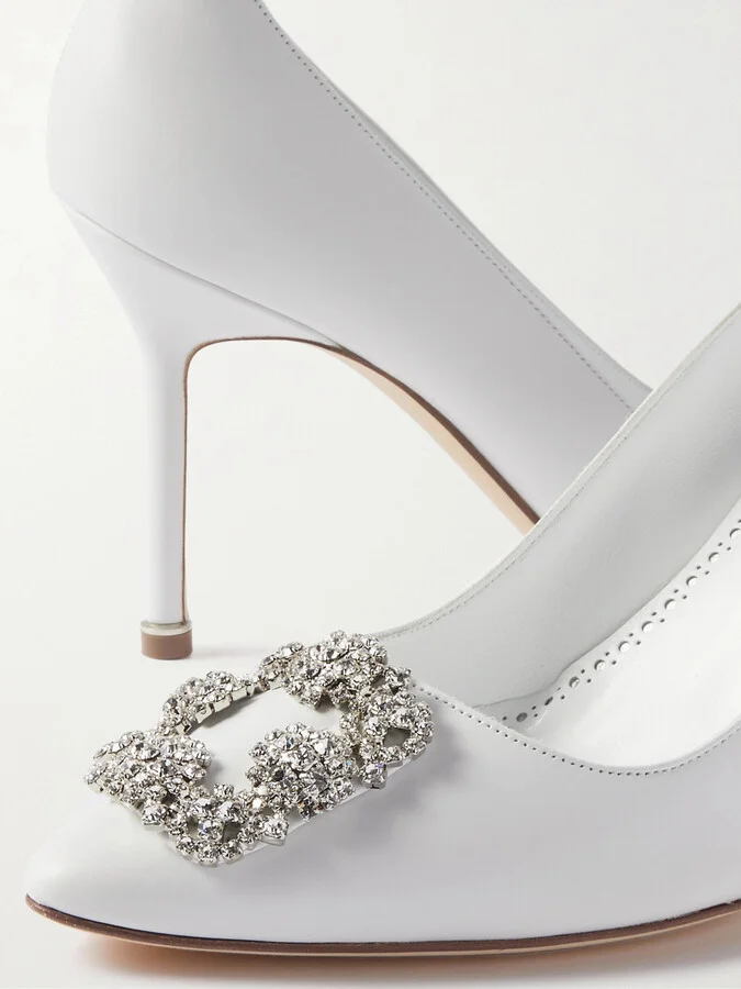 Manolo Blahnik - Hangisi 90 Crystal-embellished Leather Pumps - White - Image 4