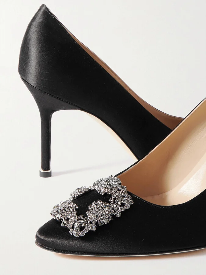 Manolo Blahnik - Hangisi 90 Crystal-embellished Satin Pumps - Black - Image 4