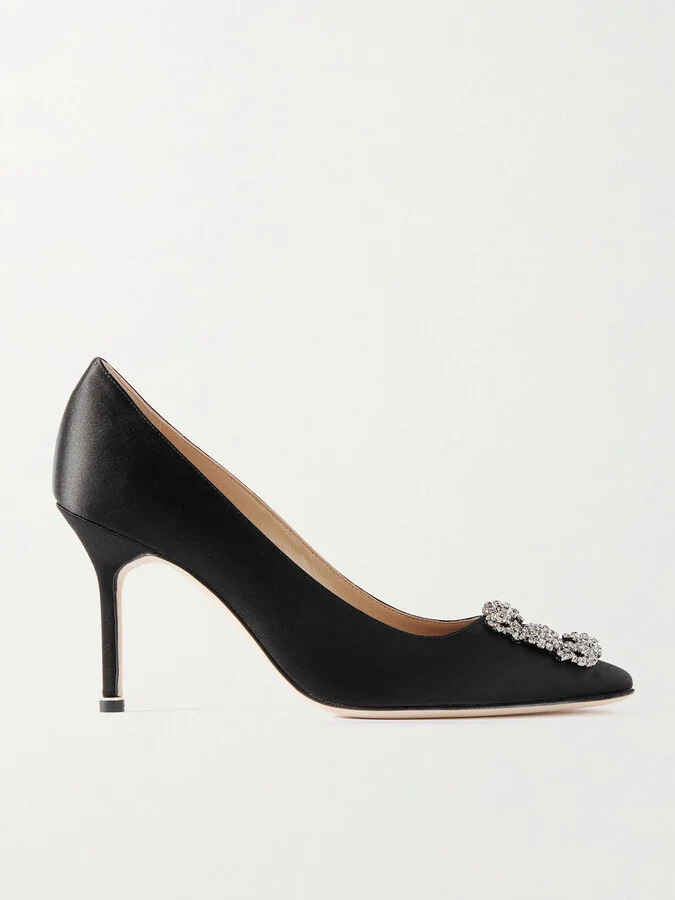Manolo Blahnik - Hangisi 90 Crystal-embellished Satin Pumps - Black