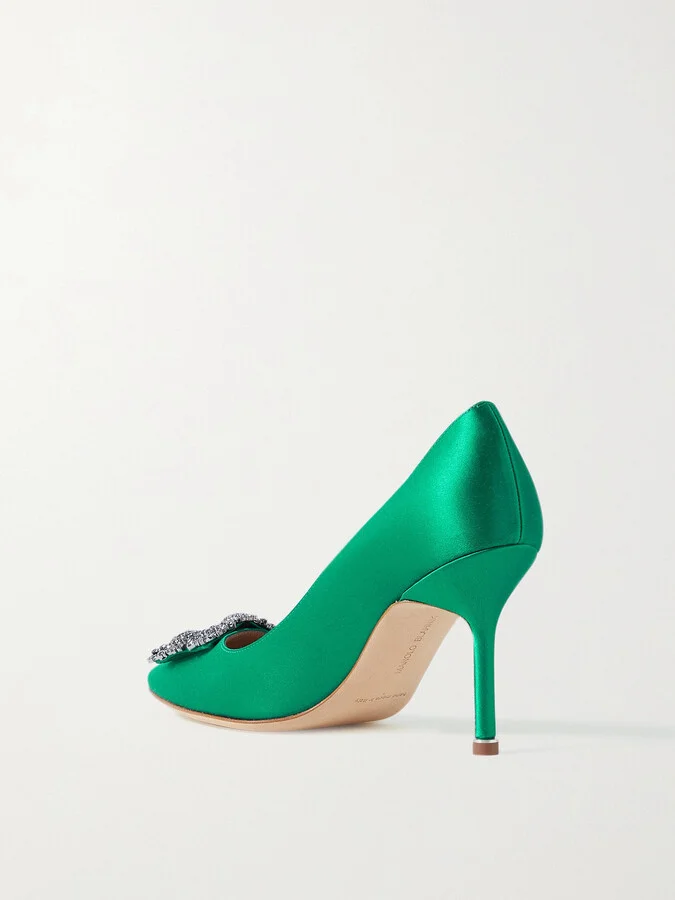 Manolo Blahnik - Hangisi 90 Crystal-embellished Satin Pumps - Green - Image 3